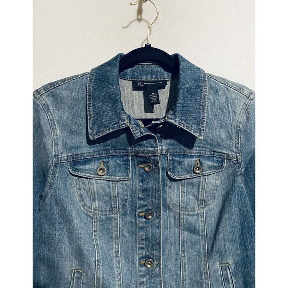 INC International Concepts Jacket Womens Medium Denim Rhinestone Skull Boho - Picture 2 of 6